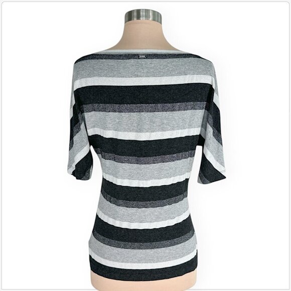 St. John Gray Silver Metallic Striped Tee Shirt Top Short Sleeves Casual S - Picture 2 of 3